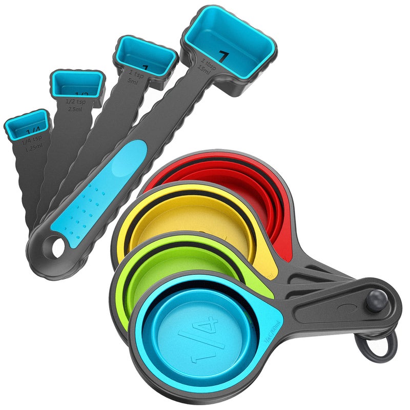 Kaptron Tools Spoons and Collapsible Measuring Cups Set 8 Pieces, Multiple Sizes, Multicolor - Image 1